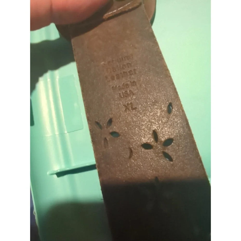 Italian leather belt made in USA brown perforated floral Punched boho